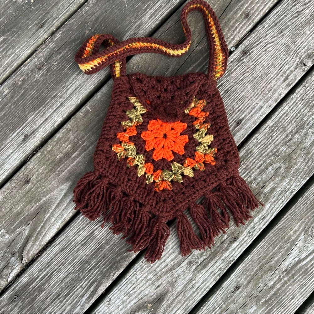 Handmade Boho Vintage Crochet Purse Orange And Brown Fringe
